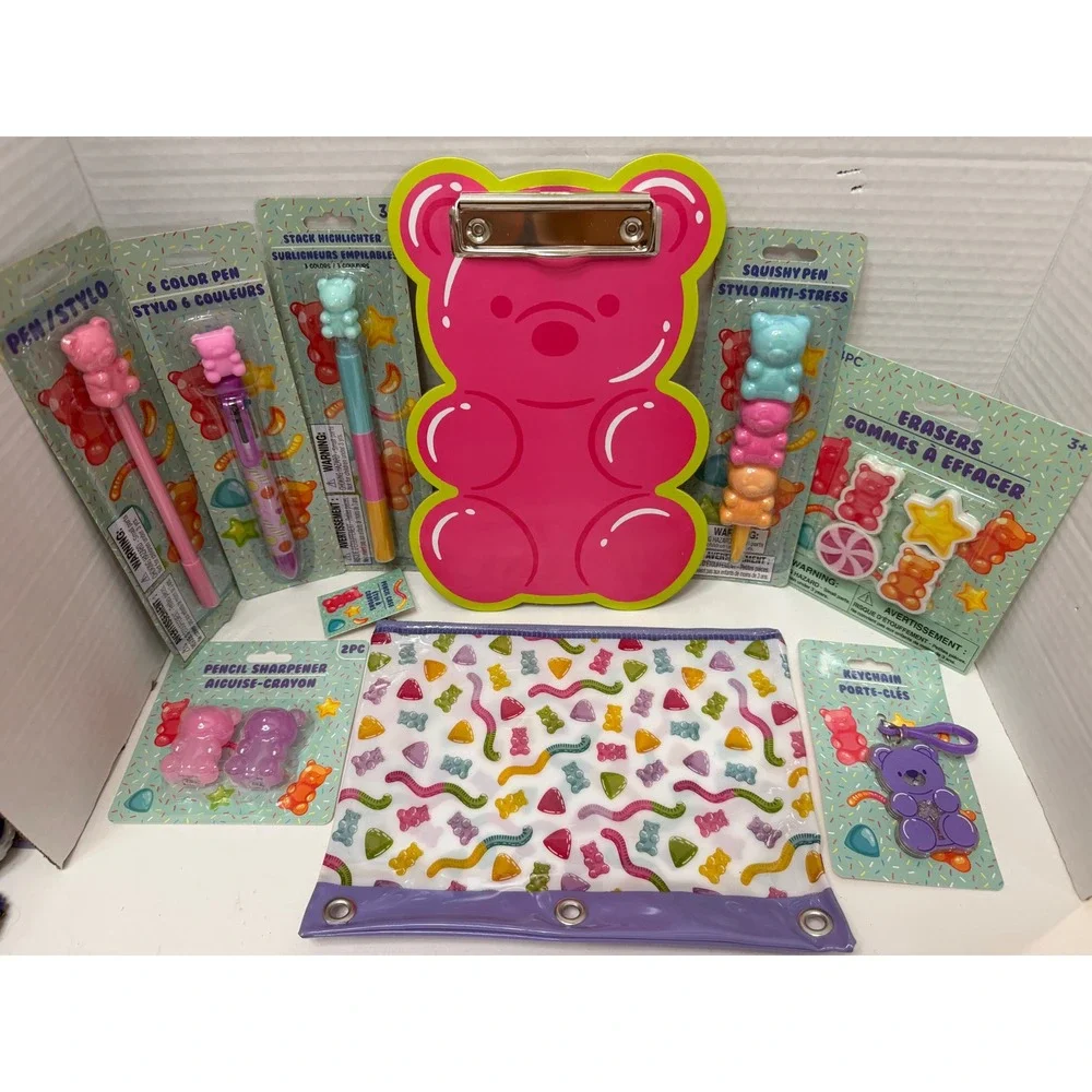 Gummy Bear Stationery Set Clipboard Pencil Pouch Pens Erasers Keychain Bundle